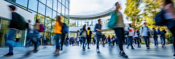 A dynamic group of diverse students moves energetically through a contemporary college courtyard, captured from a low angle with a sense of motion and life - Powered by Adobe