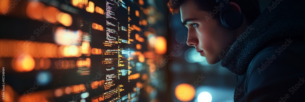 Poster a cyberpunk hacker intently analyzes streams of data in a dimly lit room, surrounded by glowing scre