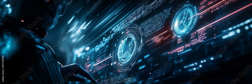 Poster in a dimly lit, high-tech environment, a cyberpunk hacker interacts with advanced digital interfaces