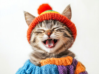 Funny smiling excited cat wearing a knitted hat