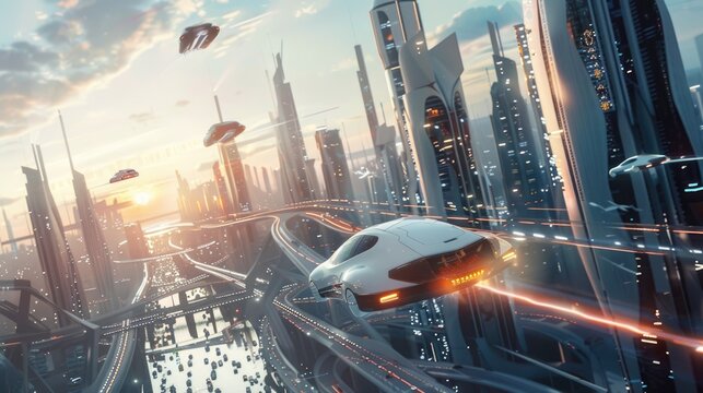 Modern futuristic city of future with flying cars and skyscrapers. Cityscape background with spaceships. Cyber megalopolis. Urban buildings. High tech town. New transport.