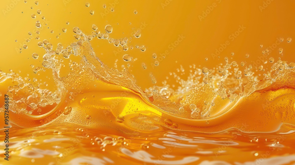 Poster abstract background of golden liquid with splashes and bubbles.