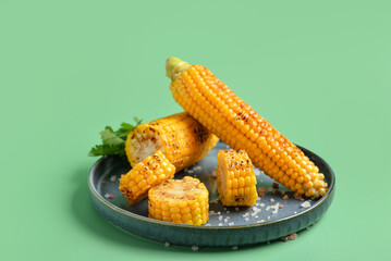 Plate with tasty grilled corn cobs and parsley on green background