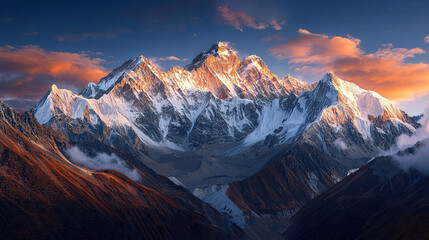 Obraz premium A towering mountain blanketed in snow stands majestically beneath a rosy and azure sky, with wisps of cloud framing its rugged peak