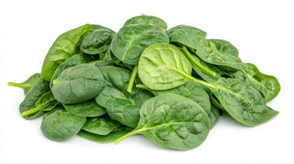 Fototapeta premium A bunch of bright green spinach leaves are neatly piled together against a white background.