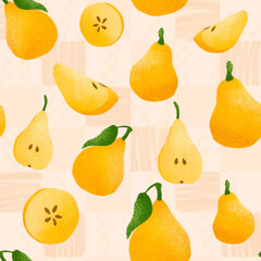 Seamless textured pattern of yellow pears in retro cottagecore style. Fruit background pear leaves and slices for paper cover fabric, gift wrapping wall art gouache hand drawn style on pink decoration
