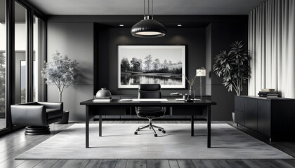 Modern Home Office Interior Design with Black Desk  Chair and Rug