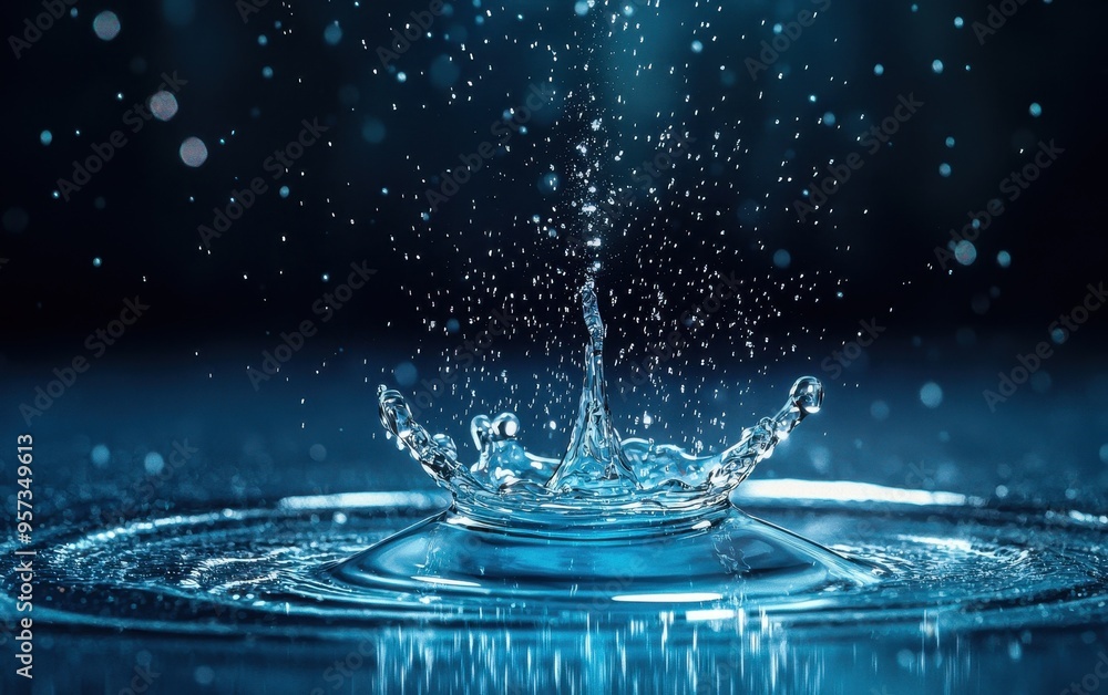 Poster a stunning close-up of a water droplet creating a splash, capturing mesmerizing patterns and reflect