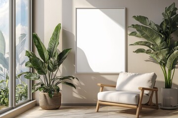 Poster Frame in Beige minimalist living room interior created with generative AI