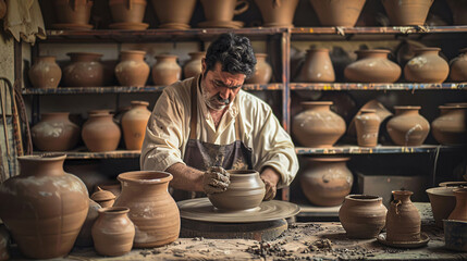 Potter at the wheel in traditional workshop
