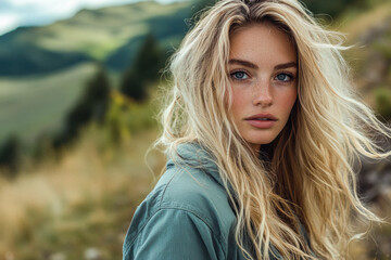 Naklejka premium Blonde supermodel standing on a mountain trail