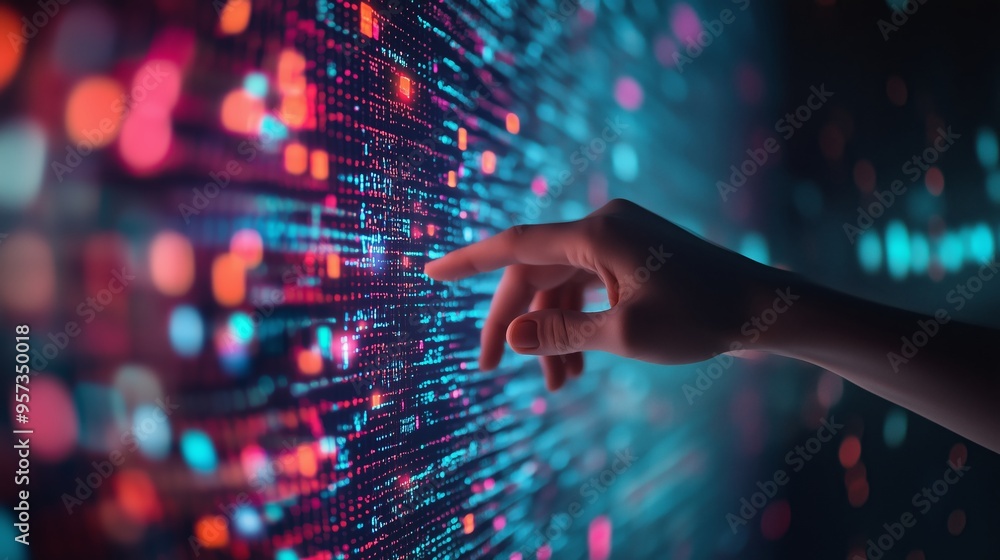 Aufkleber a hand reaching out to interact with vibrant, glowing digital data patterns against a dark backgroun