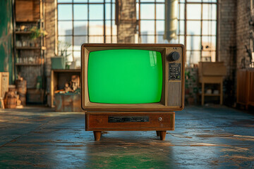 Portable television in interior with chroma key green screen