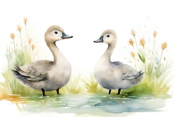 Obraz premium Cute watercolor geese. Vector illustration 