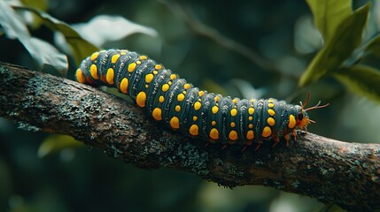 Fototapeta premium Close-up image of a caterpillar on a tree branch amidst green leaves against a blurred background