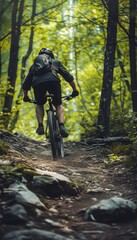 Fototapeta premium Mountain Biker Navigating Rocky Forest Trail - Adventure, Skill, Outdoor Sport Photography