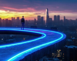 Obraz premium A solitary figure stands on a glowing pathway, overlooking a vibrant city skyline at sunset, embodying hope and ambition.