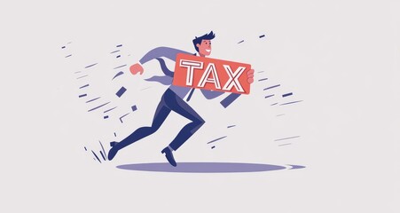 Businessman holding tax sign running, concept of tax deadline and financial urgency