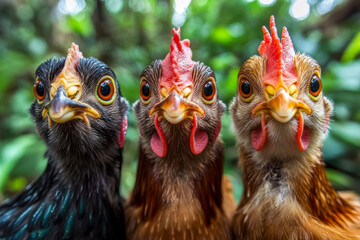 Fototapeta premium Three chicken in different colours