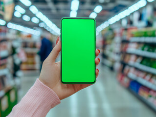 Woman holding smartphone with green screen in blurred air plane