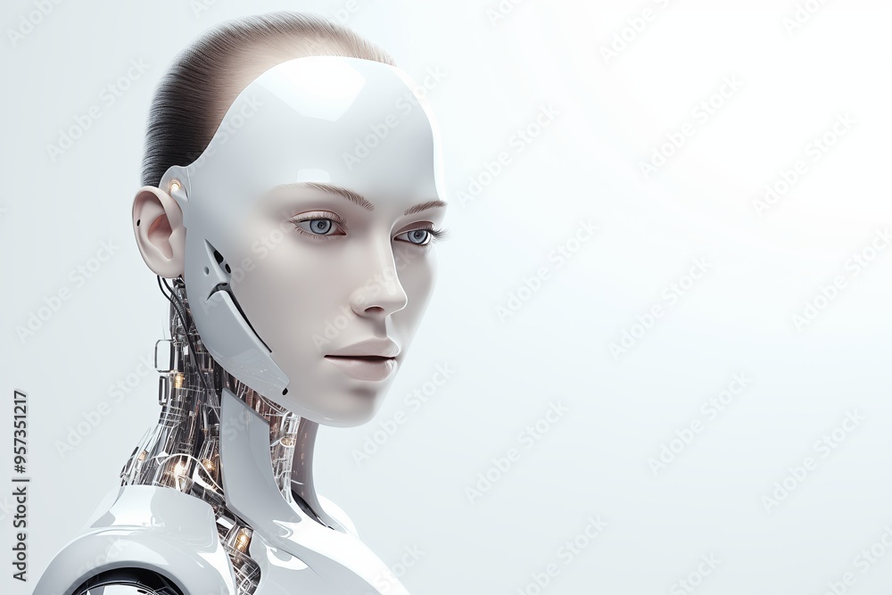 Poster futuristic white ai humanoid robot portrait with text space, artificial intelligence tech concept