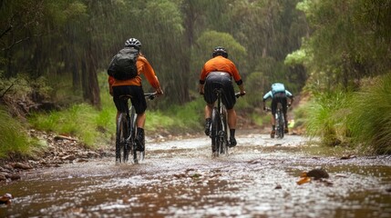 Mountain Bikers Riding Through Stream