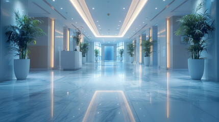 Fototapeta premium Long, empty hospital hallway with reflective blue floor