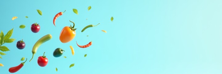 Vibrant flying vegetables against a gradient blue background, perfect for food ads, healthy lifestyle campaigns, or culinary promotions.