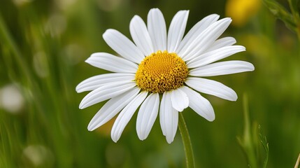 Obraz premium White center, yellow petals on green grass field, surrounded by yellow-white blooms