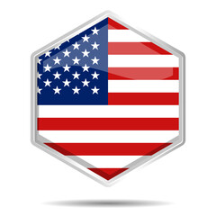 3D USA Flag with Silver Hexagon Frame. Shiny Chrome Glossy Metallic Isolated on White Background, Flat Cartoon Style High-Resolution Vector EPS, Editable and Scalable for Easy Printing