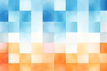 Seamless pattern of dark, light blue and orange colored watercolour squares. Handdrawn water colour graphic gradient paint on white backdrop. For design, wallpaper, web sites, banners, decoration. 