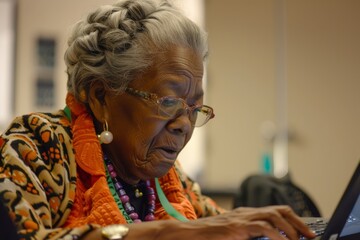 Senior Woman Focused on Learning Laptop Use for Healthcare Services Access in Tech Class