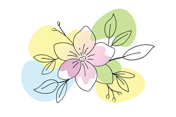 Spring sakura cherry blooming flowers bouquet. Isolated realistic pink petals, blossom, branches, leaves vector set. Design spring tree illustration