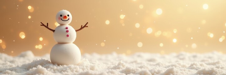 A cheerful snowman stands in soft snow with a warm golden background, capturing the essence of winter joy and festive spirit.