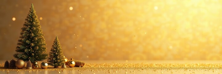Obraz premium A serene holiday scene featuring Christmas trees and ornaments against a shimmering golden background, perfect for festive designs and seasonal promotions.