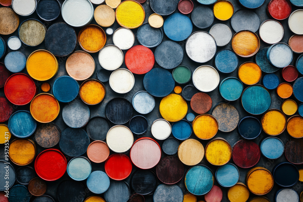 Poster A colorful mosaic of circles made from different colored bottles