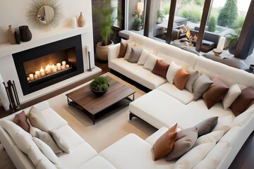 Modern living room, home interior design concept, comfortable white sofa, cozy carpet, coffee table, and plants. Generative AI.