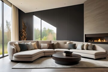 Modern living room, home interior design concept, comfortable white sofa, cozy carpet, coffee table, and plants. Generative AI.