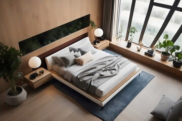 Modern bedroom, home interior design concept, comfortable bed, cozy carpet, coffee table, plants. Generative AI.