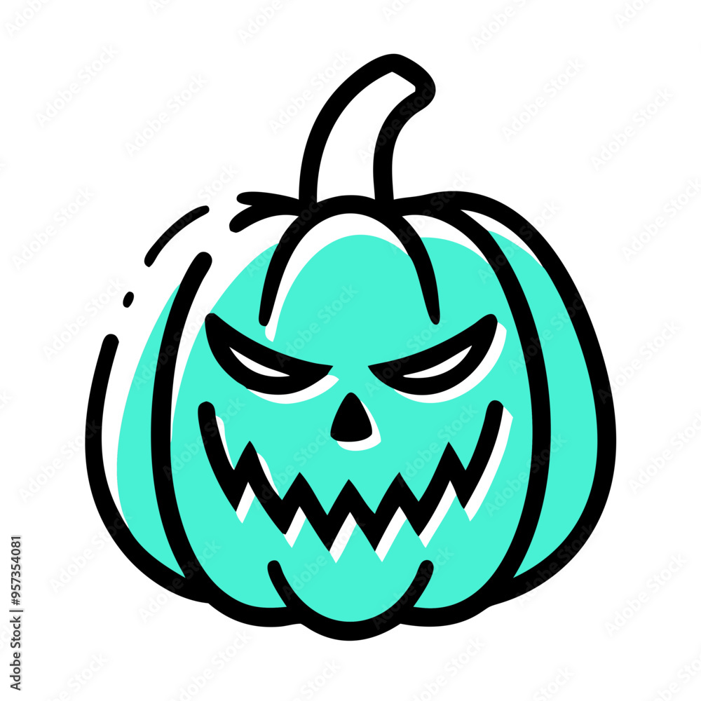 Sticker Spooky Halloween Pumpkin Vector Illustration with Eerie Teal Color and Evil Face on 