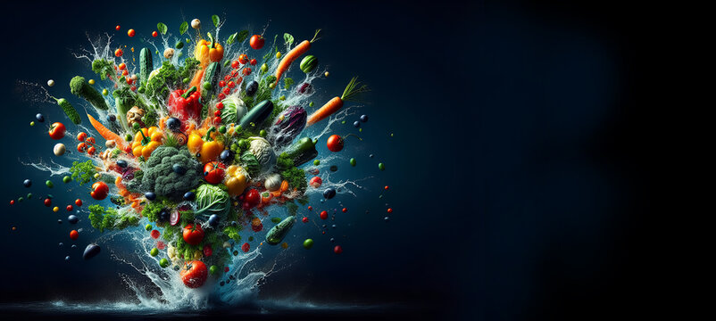 Vibrant explosion of assorted fruits and vegetables against a dark background, full of movement.