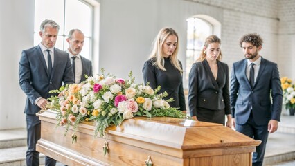 Group Mourning at Funeral with Casket and Floral Arrangements