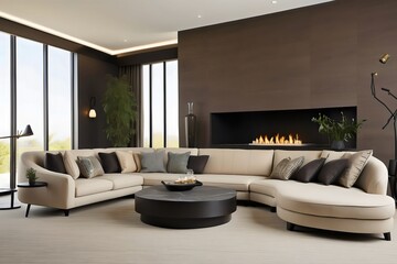 Modern living room, home interior design concept, comfortable white sofa, cozy carpet, coffee table, and plants. Generative AI.