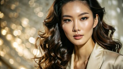 Naklejka premium Elegant Woman with Long Hair in Glamorous Lighting