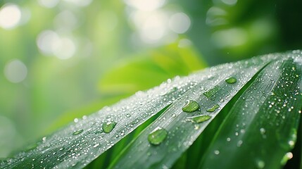   A clear close-up of a green leaf with water droplets and a blurred background of lush greenery