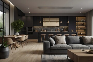 Modern living room and kitchen,home interior design concept, comfortable black sofa and armchair, cozy carpet, dinner and coffee table, and plants. Generative AI.
