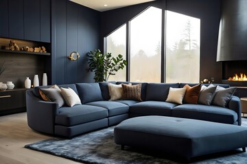 Modern living room,home interior design concept, comfortable blue sofa and walls, cozy carpet, coffee table, and plants. Generative AI.
