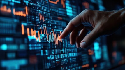 Closeup of a businessman39s hand touching a digital interface with overlapping bar graphs representing financial insights and technology