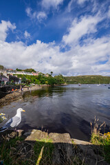 A serene landscape featuring a body of water with boats and buildings along the shore. The image captures a peaceful scene with a cloudy sky overhead.  Portree, Scotland, isle of skye