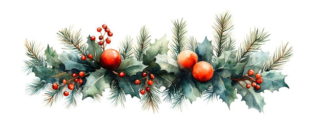 Wide web Merry Christmas horizontal banner with coniferous in watercolor style garland with mix of pine branches and holly berries, leaves, red baubles, Xmas decoration isolated on white background